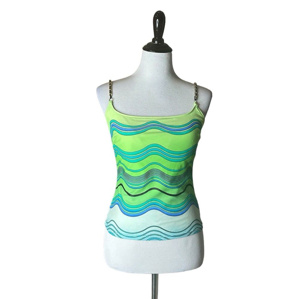 Gottex Tankini Top Womens 10‎ Green Abstract Print Swimwear Retro Chain Straps